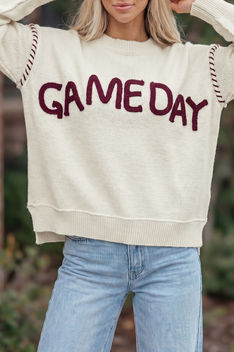 Beige Drop Shoulder Game Day Letter Print Pullover Sweater – Magnolia Mae